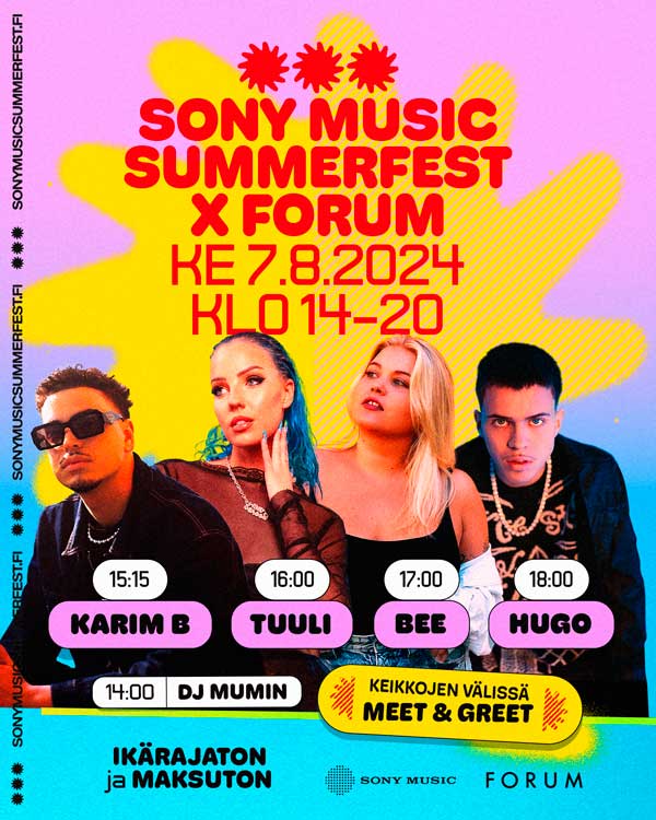 KARIM B, TUULI, BEE ja HUGO tähdittävät SONY MUSIC SUMMERFEST X FORUM -ilmaisfestaria Helsingin Forumissa elokuussa